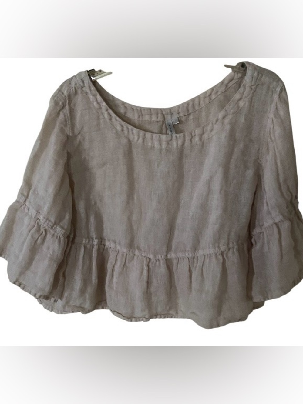 Kleen 100% Linen cropped Ruffle Hem Scoop Neck Top - Taupe size L